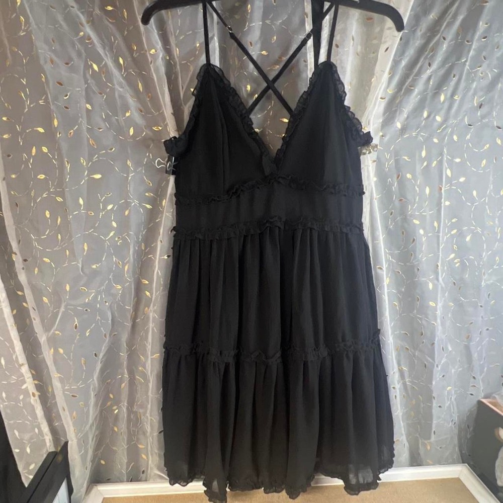 SHE SKY Black Ruffled Tiered Mini Dress Cross Straps Whimsygoth Small
